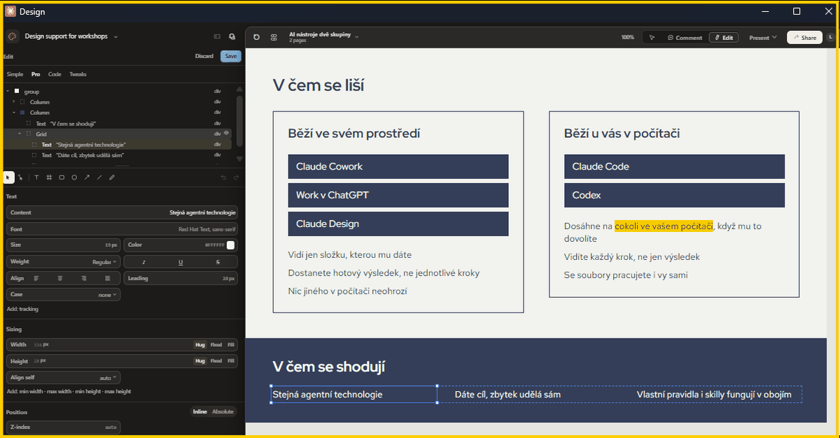 Claude Design při práci na obrázku, který porovnává obě skupiny nástrojů: vlevo Cowork, Work a Design, vpravo Claude Code a Codex