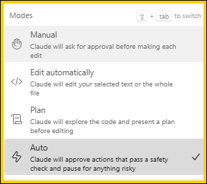 Nabídka režimů v Claude Code: Manual se ptá před každou úpravou, Auto schvaluje samo to, co projde bezpečnostní kontrolou