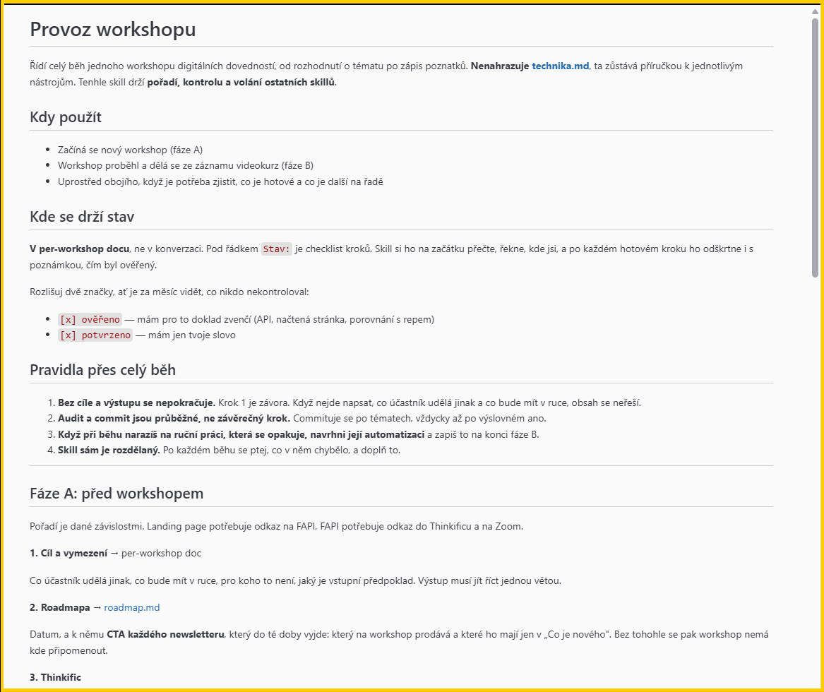 Skill na provoz workshopu otevřený jako obyčejný textový soubor, s nadpisy Kdy použít, Kde se drží stav a Pravidla přes celý běh